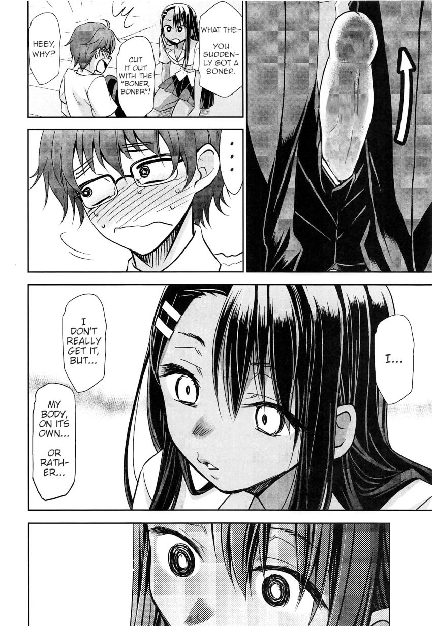 1boy 1girls black_hair blush comic english_text erection glasses hayase_nagatoro hi_res kimigabuchi long_hair monochrome naoto_hachioji_(senpai) open_mouth pants_down penis please_don't_bully_me,_nagatoro short_hair shy simple_background sitting surprised sweat text white_background