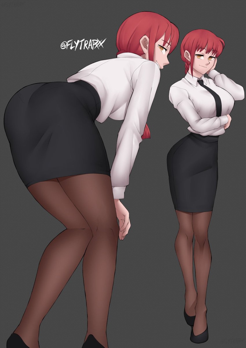 1girls bent_over big_ass big_breasts big_butt chainsaw_man clothed female female_only flytrapxx formal formal_attire formal_clothes formal_wear fully_clothed girl_in_suit good_artwork image legs makima_(chainsaw_man) necktie office_lady pantyhose pencil_skirt red_hair short_skirt skirt solo suit_and_tie thick_thighs tight_skirt woman_in_suit