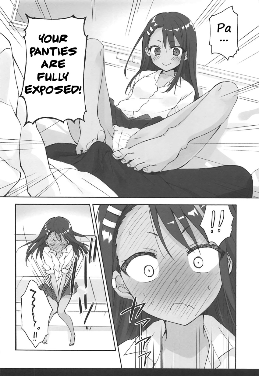 1boy 1girls black_hair blush bulge clothed clothing comic english_text erection feet fondling footjob glasses hayase_nagatoro hi_res long_hair monochrome naoto_hachioji_(senpai) please_don't_bully_me,_nagatoro revealing_clothes right_to_left ryohka short_hair simple_background sitting spread_legs teasing text upskirt white_background wide_hips