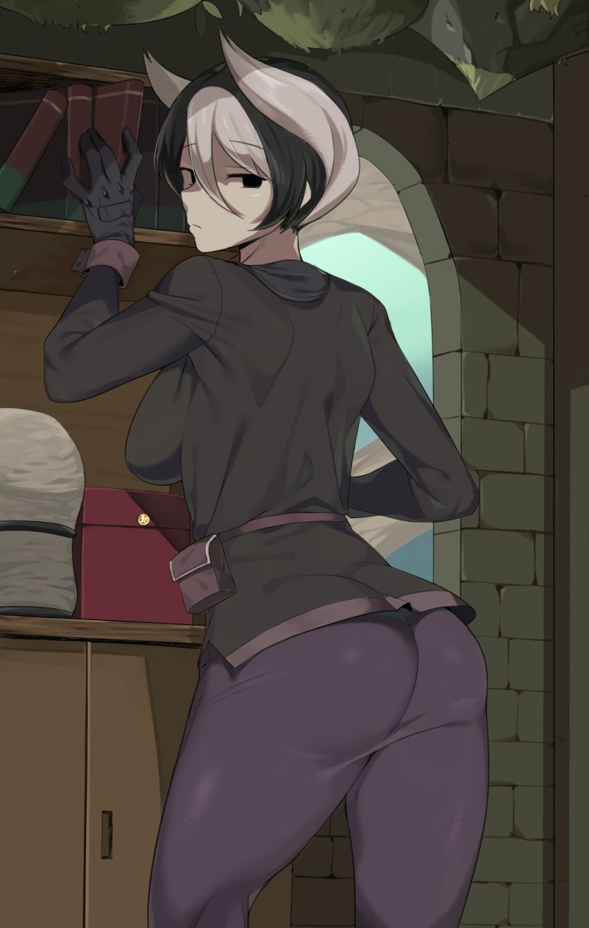 ass backboob big_ass black_eyes black_hair bubble_butt detailed_background female female_only fully_clothed leggings looking_back made_in_abyss ozen short_hair solo tight_clothing two_tone_hair urec very_short_hair white_hair wide_hips