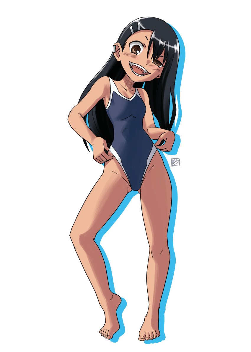 1girls black_hair blush breasts brown_eyes clothed clothing conejologia female_focus female_only hayase_nagatoro hi_res long_hair open_mouth please_don't_bully_me,_nagatoro pose revealing_clothes simple_background small_breasts smile solo standing swimsuit watermark white_background