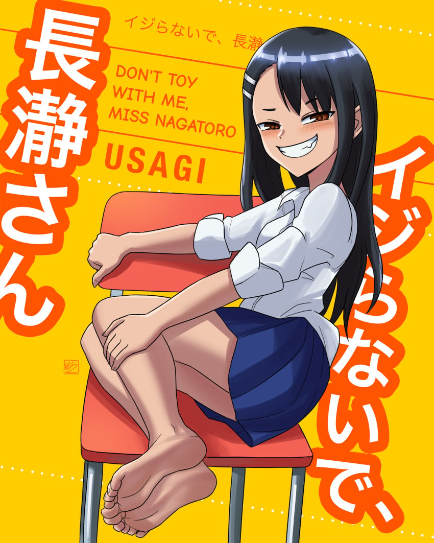 1girls black_hair brown_eyes clothed clothing conejologia english_text female_focus female_only hayase_nagatoro japanese_text long_hair looking_at_viewer looking_back please_don't_bully_me,_nagatoro revealing_clothes simple_background smile solo text translation_request upskirt watermark yellow_background