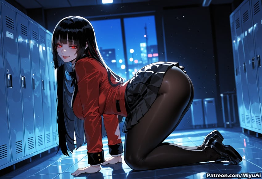 1girl ai_assisted ai_generated ass bangs black_footwear black_hair black_legwear black_skirt blunt_bangs breasts curvaceous curvy curvy_female curvy_figure eyebrows_visible_through_hair female hime_cut indoors jabami_yumeko jacket kakegurui large_breasts loafers long_hair long_sleeves looking_at_viewer miyuai night pantyhose pleated_skirt red_eyes red_jacket school_uniform skirt smile solo thick thick_ass thick_butt thick_hips thick_legs thick_thighs very_long_hair voluptuous voluptuous_female wide_hips wide_thighs