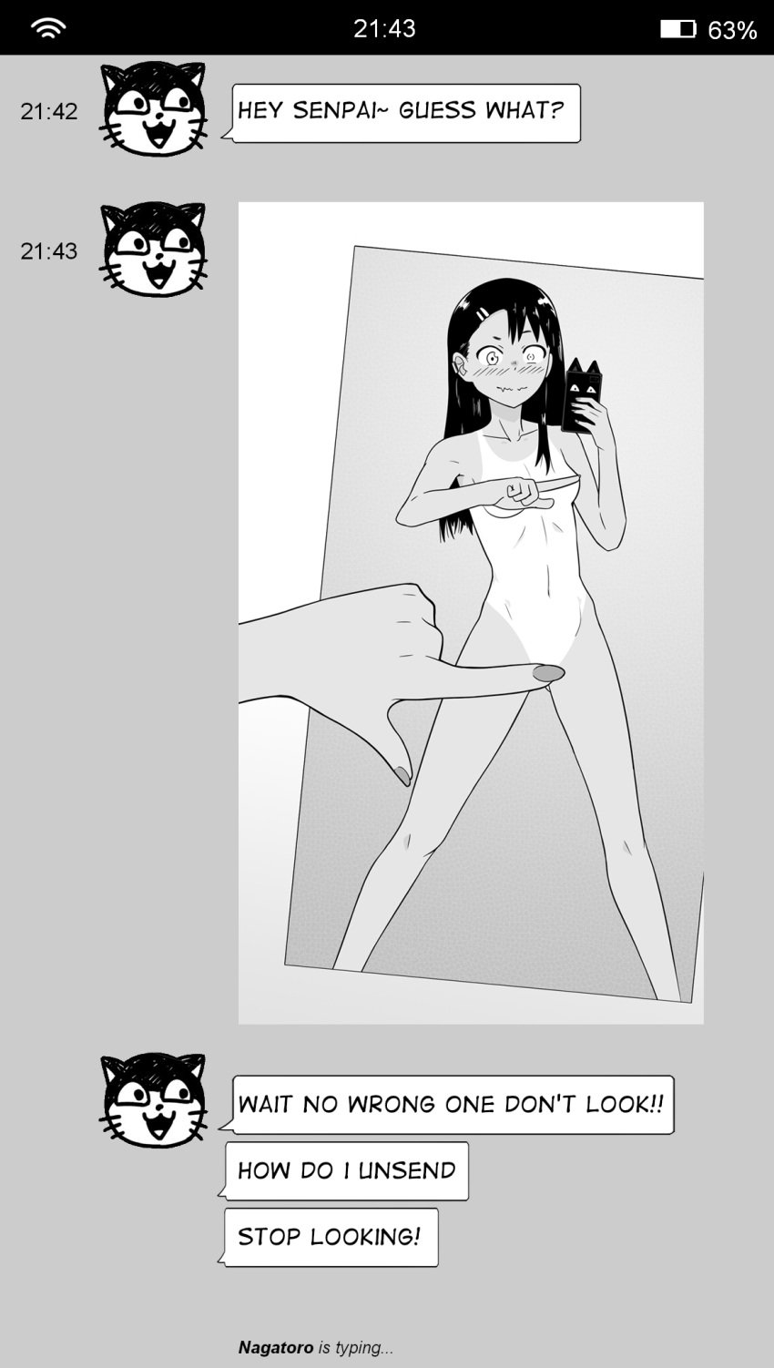 1girls black_hair blush breasts cleavage english_text female_focus female_only hayase_nagatoro long_hair looking_at_viewer monochrome navel one_finger_selfie_challenge please_don't_bully_me,_nagatoro pose selfie simple_background small_breasts smile solo spread_legs szmitten tanline tanned text white_background