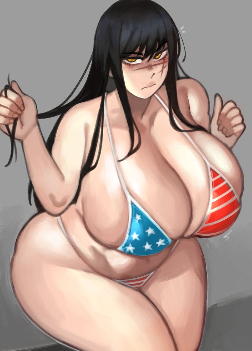 american_flag_bikini big_breasts black_hair breasts_bigger_than_head chainsaw_man huge_breasts kelvin_hiu thick_thighs yellow_eyes yoru_(chainsaw_man)