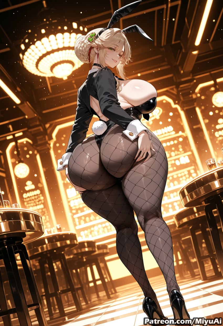 1girl ade_(agent_bunny)_(nikke) ade_(nikke) ai_assisted ai_generated animal_ears artoria_pendragon_(all) artoria_pendragon_(lancer_alter) artoria_pendragon_(swimsuit_ruler)_(fate) ass back bangs black_jacket black_leotard blonde_hair blush braid breasts bunny_ears bunny_girl bunny_tail bunnysuit curvaceous curvy curvy_female curvy_figure deep_skin detached_collar fake_animal_ears fake_tail female fishnet_legwear fishnets french_braid goddess_of_victory:_nikke green_eyes high_heels highleg highleg_leotard huge_breasts large_breasts leotard looking_at_viewer looking_back miyuai pantyhose solo strapless strapless_leotard tail thick thick_ass thick_butt thick_hips thick_legs thick_thighs thighs tied_hair voluptuous voluptuous_female wide_hips wide_thighs wrist_cuffs