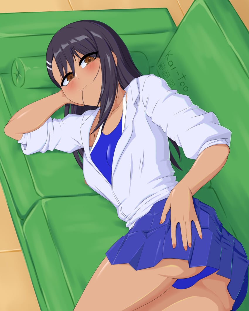 1girls ass big_ass black_hair blush breasts brown_eyes clothed clothing female_focus female_only hayase_nagatoro hi_res kai-too long_hair looking_at_viewer medium_breasts please_don't_bully_me,_nagatoro revealing_clothes simple_background smile solo swimsuit upskirt watermark wide_hips