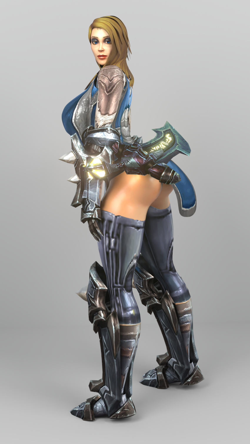 1girls armor balancing balancing_on_ass big_ass big_breasts blonde_hair blue_eyes desaelynn_lightshield long_hair looking_at_viewer looking_back pinup solo_female white_skin world_of_warcraft