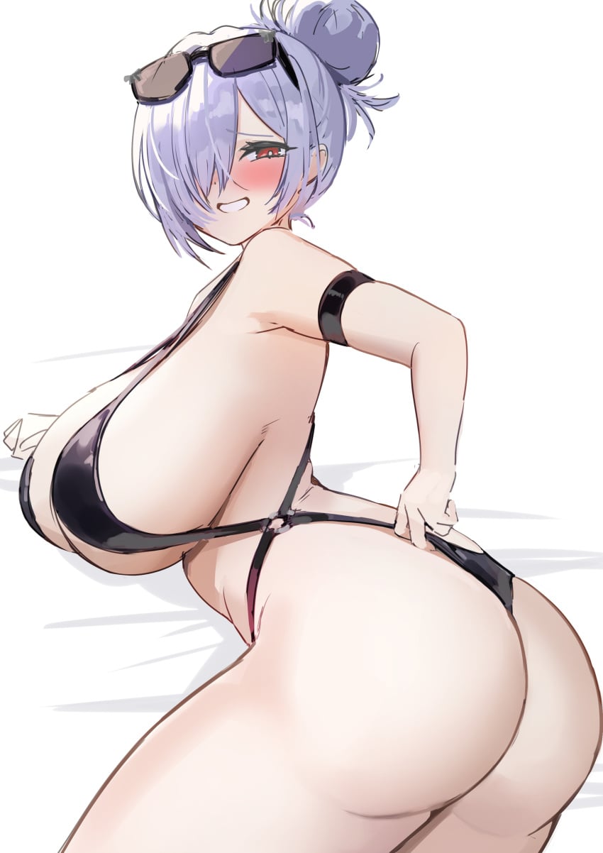 1girl absurdres adjusting_clothes adjusting_swimsuit arm_strap ass black-framed_eyewear black_slingshot_swimsuit blush breasts bright_pupils cinderella_(crystal_wave)_(nikke) cinderella_(nikke) commentary_request eyewear_on_head goddess_of_victory:_nikke grey-tinted_eyewear hair_bun hair_over_one_eye highres large_breasts marumai o-ring_slingshot_swimsuit official_alternate_costume official_alternate_hairstyle one_eye_covered red_eyes slingshot_swimsuit smile solo sunglasses swimsuit tinted_eyewear white_pupils