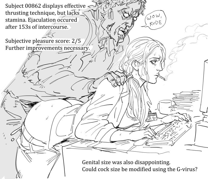 1boy 1girls annette_birkin ass bb_(baalbuddy) bent_over bored_sex closed_mouth clothed_sex clothes_pull commentary cum dialogue english_commentary english_text expressionless female female_human from_side greyscale hair_over_shoulder highres human jacket keyboard_(computer) labcoat long_hair long_sleeves male monitor monochrome open_mouth overflow pants pants_pull ponytail premature_ejaculation profile resident_evil resident_evil_2 sex sex_from_behind simple_background small_penis_humiliation smoke smoking speech_bubble sph standing standing_sex straight sweat text typing white_background zombie