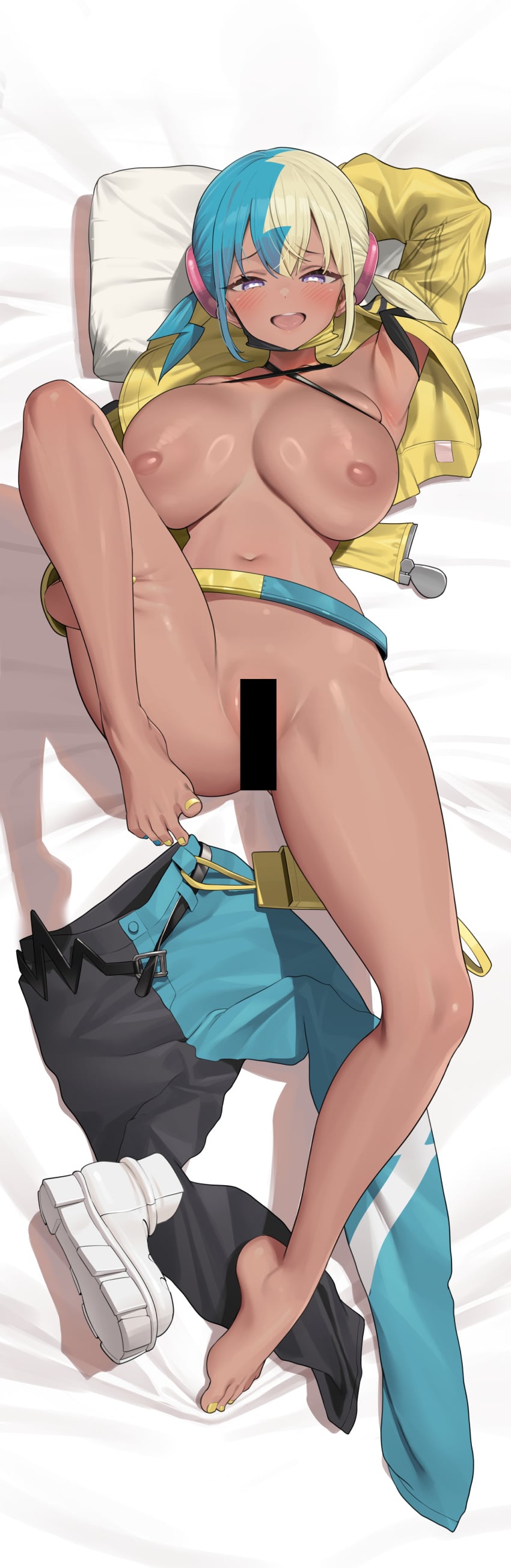 1girls :d absurdres alternate_breast_size_(larger) arm_up armpits bar_censor barefoot blonde_hair blue_eyes blue_hair blue_nails blush breasts canari_(pokemon) canary_(pokemon) censored commentary_request dakimakura_(medium) full_body heart heart-shaped_pupils highres huge_breasts large_areolae long_sleeves looking_at_viewer lying multicolored_hair nail_polish navel nipples on_back open_mouth pokemon pokemon_legends:_z-a ring_light_reflection smile solo stomach symbol-shaped_pupils thighs toenail_polish two-tone_hair uo_denim yellow_nails