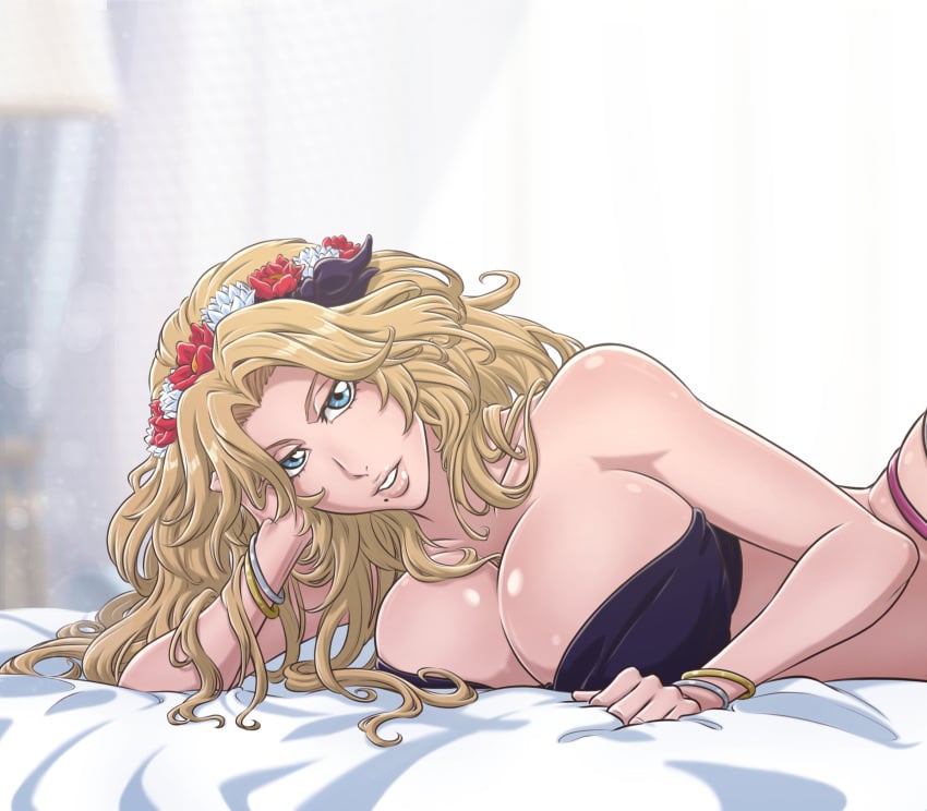 1girl bandeau bed big_breasts black_bandeau bleach blonde_hair blue_eyes bracelet bracelets breasts cleavage collarbone commentary curtains head_rest head_wreath highres jewelry lamp large_breasts lips looking_at_viewer matsumoto_rangiku mole mole_under_mouth parted_lips smile solo sonzhondaya thick_lips upper_body