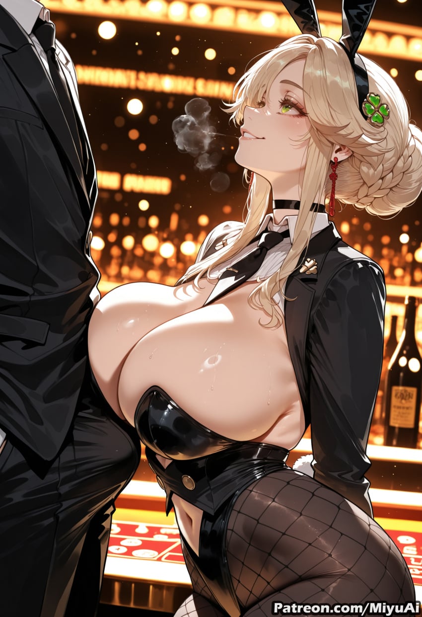 1boy 1girl ade_(agent_bunny)_(nikke) ade_(nikke) ai_assisted ai_generated animal_ears artoria_pendragon_(all) artoria_pendragon_(lancer_alter) bangs black_jacket black_legwear black_leotard blonde_hair blush braid breasts bunny_ears bunny_girl bunnysuit cleavage curvaceous curvy curvy_female curvy_figure detached_collar fake_animal_ears female fishnet_legwear fishnets french_braid goddess_of_victory:_nikke green_eyes huge_breasts indoors jacket large_breasts leotard long_hair miyuai mole_on_breast navel pantyhose parted_lips sidelocks smile thick thick_ass thick_butt thick_hips thick_legs thick_thighs voluptuous voluptuous_female wide_hips wide_thighs wrist_cuffs