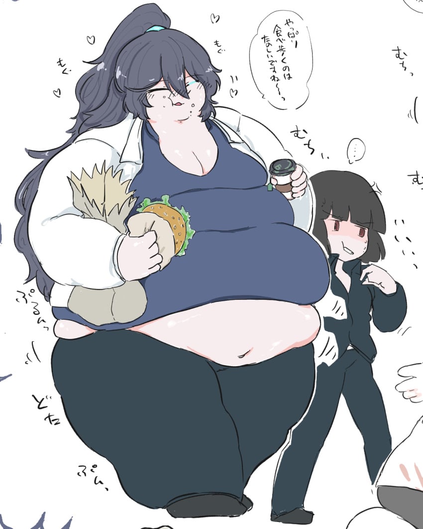 1boy 1girls alternate_body_type alternate_costume bhm big_belly big_moobs black_hair blue_eye chubby chubby_male cleavage colored crumbs crumbs_on_face cute_male digital_media_(artwork) eating exposed_belly exposed_navel fat fat_belly fat_face fat_fetish fat_legs fat_male heterochromia holding_food hong_lu_(limbus_company) innie_belly_button japanese_text jiggling_thighs large_moobs limbus_company long_hair long_haired_male looking_pleased male_focus male_weight_gain moobs more_at_source motion_lines no_sex no_visible_genitalia obese obese_male ponytail project_moon ryoshu_(limbus_company) simple_background ssbhm suda_78 thick_hips thick_thighs translation_request w_corp_(identity)_(project_moon) wardrobe_malfunction weight_gain weight_gain_male wide_hips wide_legs wide_thighs