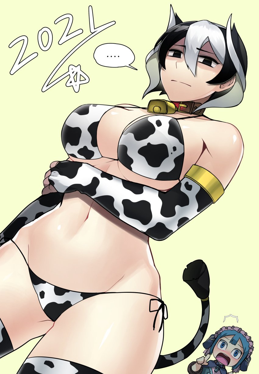 big_breasts bikini black_eyes black_hair cow_bikini cow_print cow_print_armwear cow_print_thighhighs cow_tail cowbell female female_focus frown looking_at_viewer looking_down low-angle_view made_in_abyss marulk new_year ozen shaded_face short_hair two_tone_hair underboob white_hair wide_hips year_of_the_ox