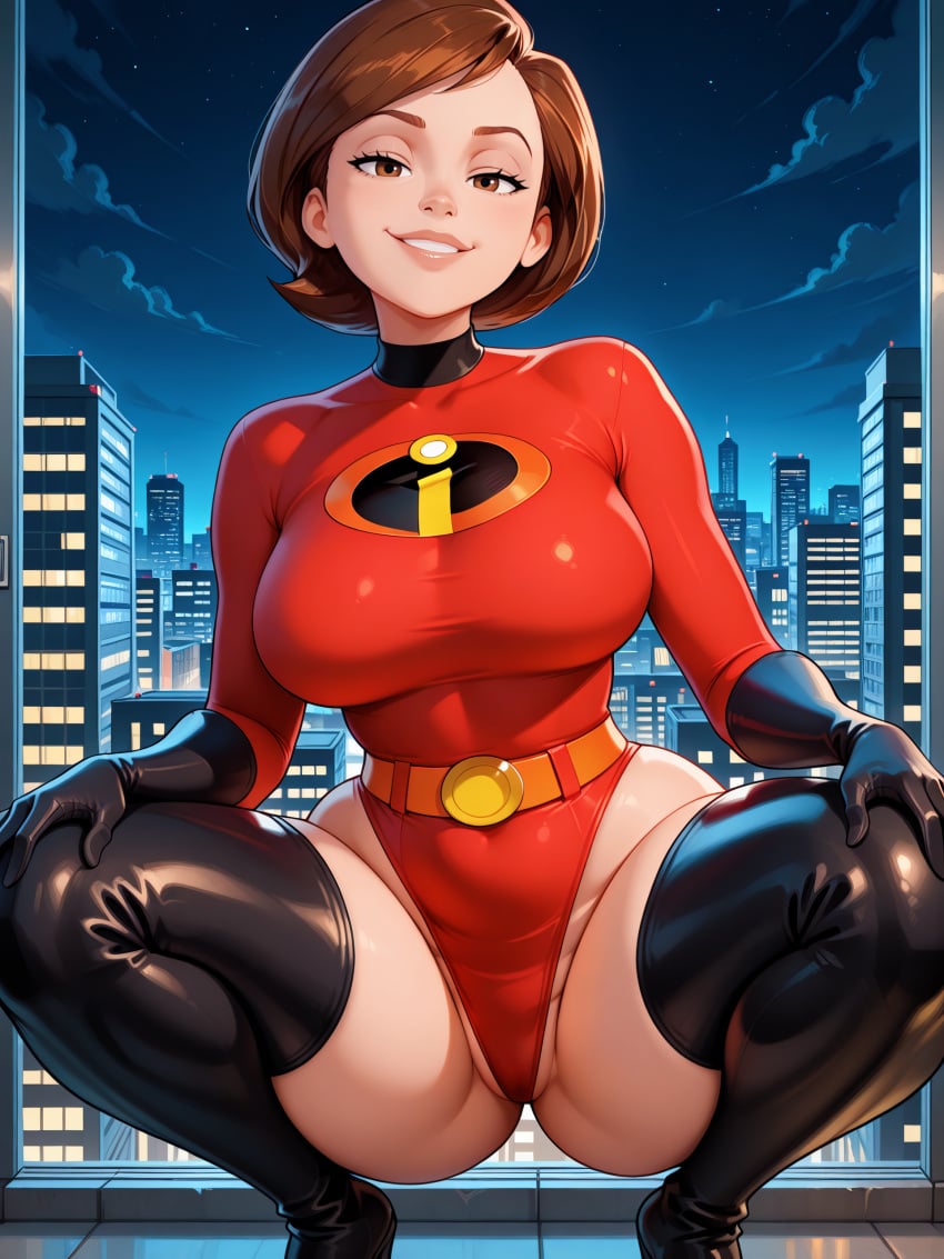 ai_generated big_ass big_breasts big_butt cartoon cartoon_character cartoon_milf cartoon_mom cartoony elastigirl gloves helen_parr high_heels leotard mature_female mature_woman milf mommy mother night robotkesh seductive seductive_look seductive_smile solo solo_female squatting superheroine teasing the_incredibles thick_thighs wide_hips