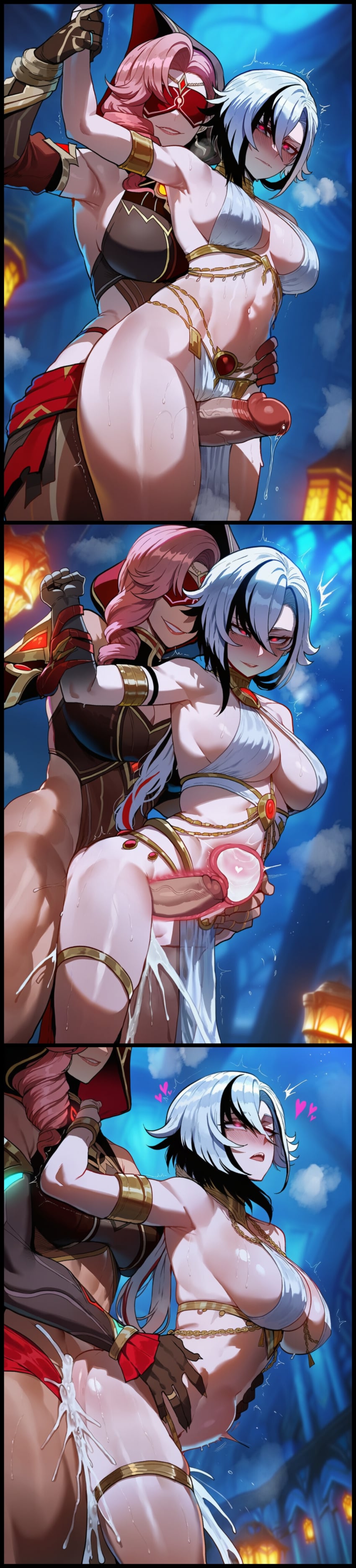 1futa1girl 2girls after_sex ai_generated arlecchino_(genshin_impact) arm_grab arm_held_up ass_focus big_ass big_breasts bikini blush cleavage cum cum_drip cum_on_penis curvy dazed_expression embrace erect_penis eremite_(genshin_impact) eremite_scorching_loremaster_(genshin_impact) fluids_genitals from_behind futa futa_on_female futa_with_female futanari genshin_impact gold_chains gold_jewelry hand_on_hip heavy_blush hug huge_ass large_breasts large_penis mask multicolored_hair night open_mouth outdoors penis pink_hair post_orgasm raised_arm red_eyes red_gem red_mask red_penis short_hair sling_bikini standing sweat sweat_drops thick_thighs white_bikini white_hair wide_hips
