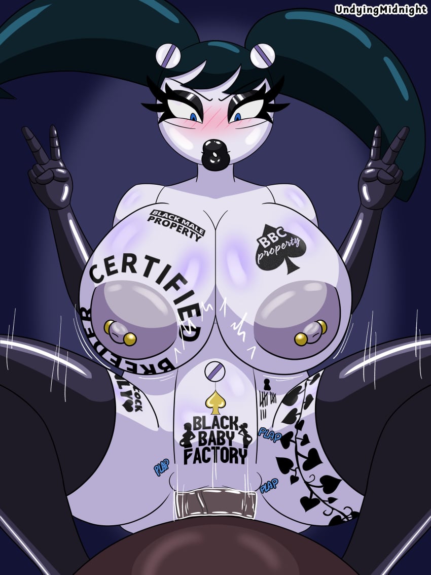 1boy 1girls barbell_piercing big_breasts big_penis bimbo bimbo_lips bimbofication blacked dark-skinned_male dark_skin gold_jewelry interracial jenny_wakeman lipstick midnightundying_(artist) mlaatr my_life_as_a_teenage_robot nipple_piercing peace_sign qos qos_tattoo queen_of_spades queen_of_spades_symbol queen_of_spades_tattoo robot robot_girl thick_thighs
