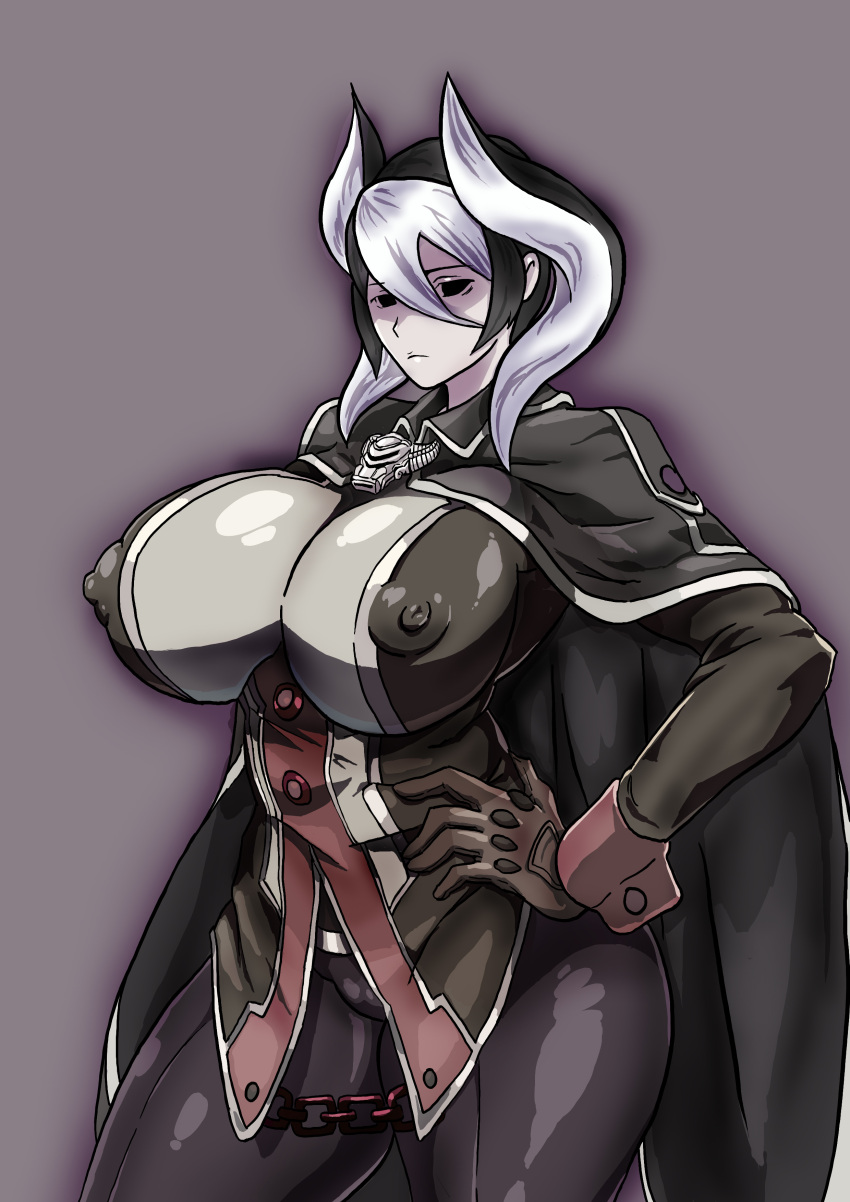 big_breasts black_eyes black_hair cape erect_nipples_under_clothes female female_only fully_clothed hand_on_hip huge_breasts looking_at_viewer made_in_abyss nikunigushii nipples_visible_through_clothing ozen pale_skin solo thick_thighs tight_clothing two_tone_hair white_hair wide_hips