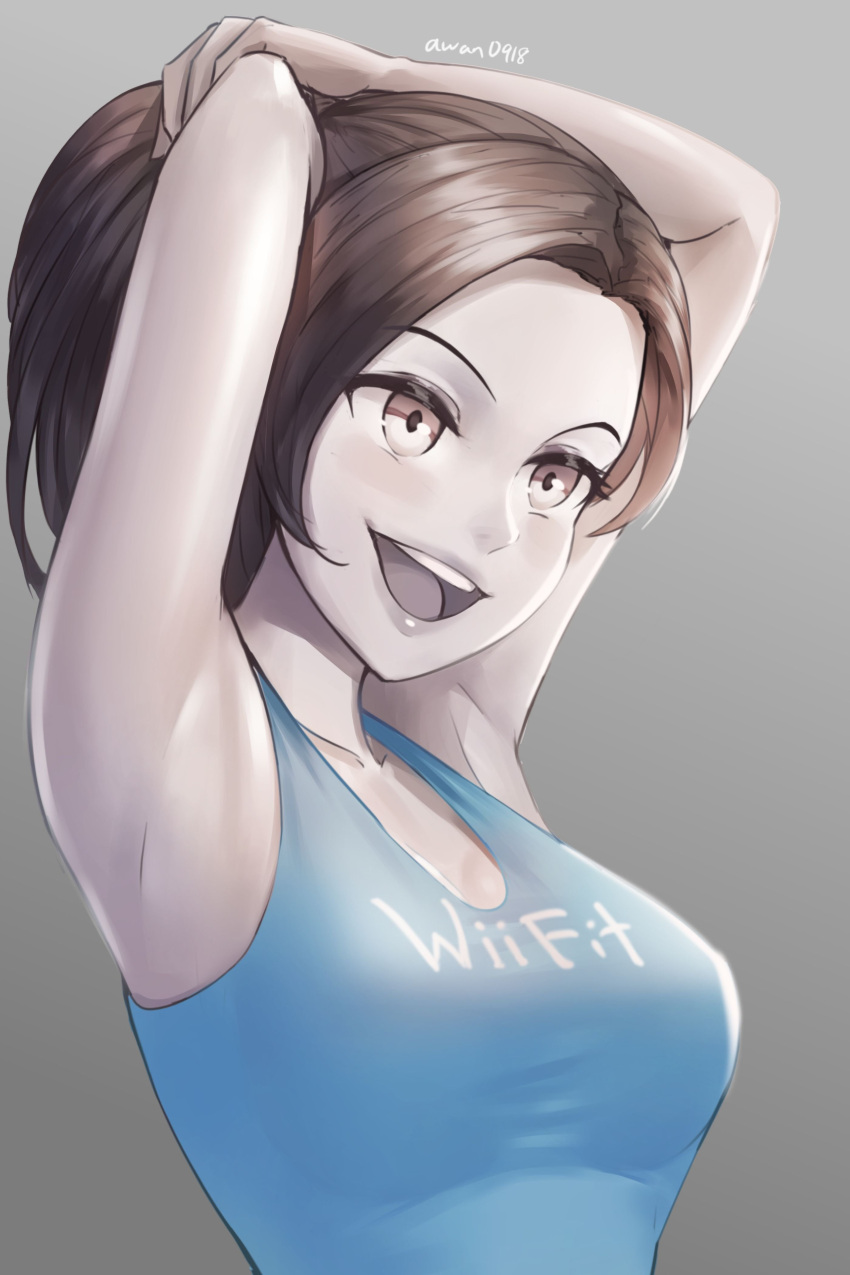 1girls armpits arms_behind_head arms_up awan0918 black_hair breasts cleavage female female_only gray_eyes nintendo open_mouth solo tagme tank_top tying_hair white_body white_skin wii_fit wii_fit_trainer