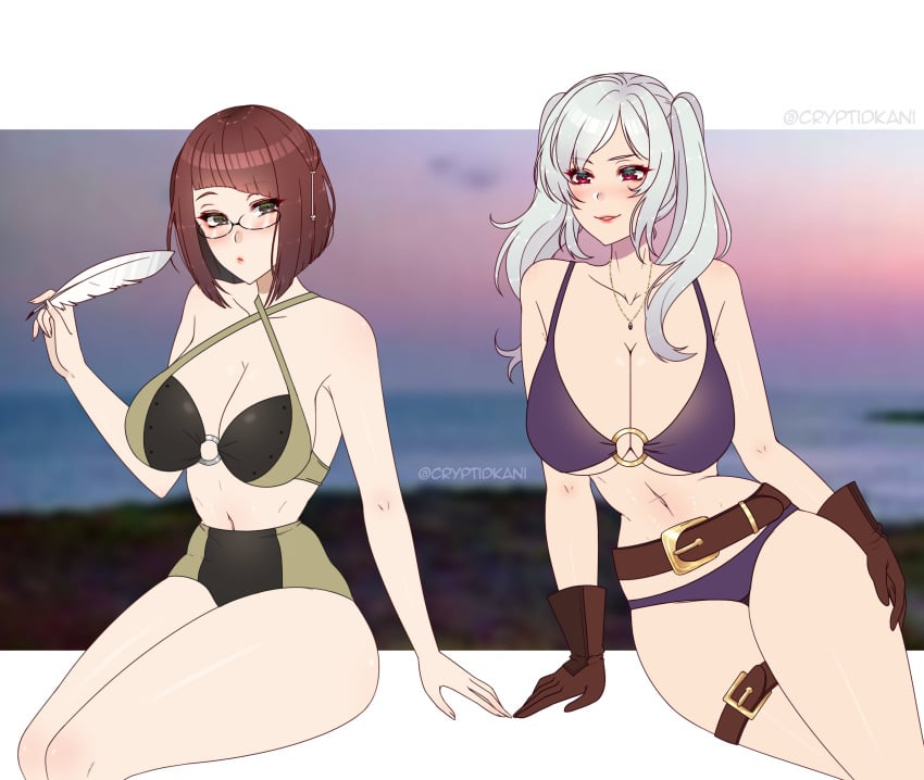 2girls alternate_costume bare_arms bare_legs belt bikini brown_eyes cleavage cryptid_crab feathers female_only fire_emblem fire_emblem_awakening fire_emblem_heroes glasses gloves grey_hair grima_(fire_emblem) large_breasts long_hair medium_hair miriel_(fire_emblem) multiple_girls navel necklace nintendo o-ring o-ring_bikini purple_bikini purple_swimsuit red_eyes red_hair robin_(female)_(summer)_(fire_emblem) robin_(fire_emblem) robin_(fire_emblem)_(female) smile smirk swimsuit thick_thighs twintails