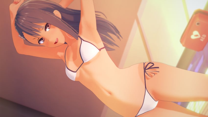 1girls bikini black_hair breasts brown_eyes cleavage clothed clothing female_focus female_only hayase_nagatoro long_hair looking_at_viewer medium_breasts navel neat open_mouth please_don't_bully_me,_nagatoro pose revealing_clothes simple_background solo tanline tanned