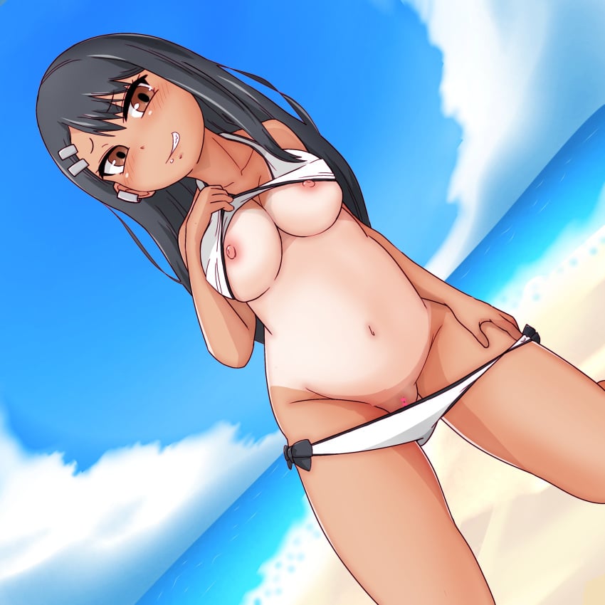 1girls beach big_breasts bikini black_hair blush breasts brown_eyes censored cleavage clothed clothing female_focus female_only hayase_nagatoro kaikon_shokubutsu long_hair navel nipples please_don't_bully_me,_nagatoro revealing_clothes shaved_pussy simple_background smile solo tanline tanned undressing