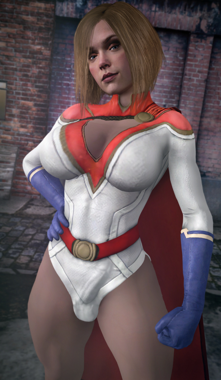 1futa 3d 3d_(artwork) blonde_hair breasts bulge bulge_through_clothing cape cleavage clothed clothing dc dc_comics futa_only futanari hand_on_hip injustice_2 jenbitch kara_zor-l karen_starr large_breasts leotard looking_at_viewer penis penis_bulge power_girl solo superheroine thighs xnalara