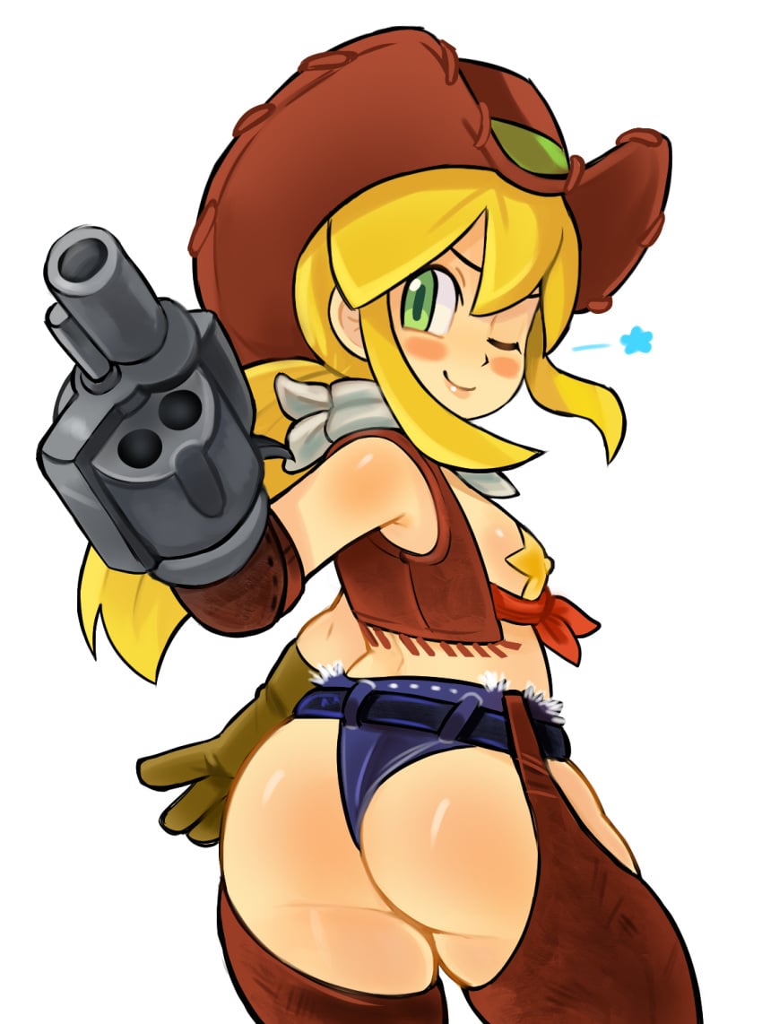 1girl alternate_costume alternate_hairstyle android archived_source arm_cannon ascot ass bandana bandana_around_neck blonde_hair blush_stickers brown_chaps brown_gloves brown_hat brown_vest chaps commentary covered_nipples cowboy_hat cowgirl_(western) cropped_vest denim denim_shorts drawfag english_commentary flat_chest from_behind front-tie_top gloves green_eyes gun hand_up hat highres long_hair looking_at_viewer looking_back low_ponytail mega_man mega_man_(classic) micro_shorts one_eye_closed open_clothes open_vest pasties ponytail revolver roll shorts simple_background smile solo star_(symbol) star_pasties v-shaped_eyebrows vest weapon white_ascot white_background