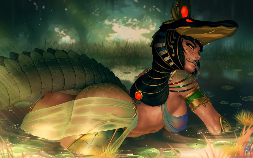 1girls ass big_ass big_breasts breasts egyptian egyptian_mythology female female_only large_breasts looking_at_viewer looking_back sobek solo themaestronoob