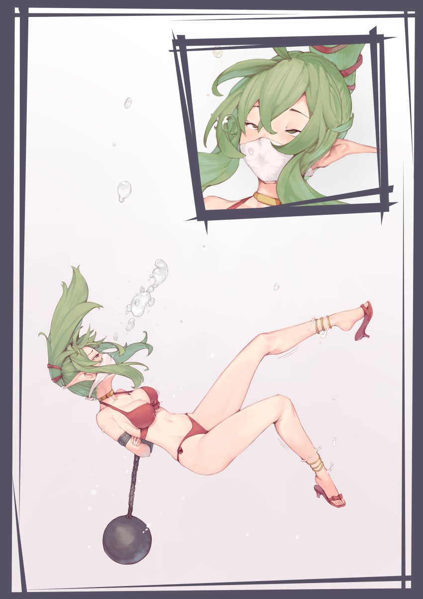 1girls alternate_costume asphyxiation ball_and_chain bare_shoulders bikini bondage cleavage cloth_gag drowning fire_emblem fire_emblem_awakening fire_emblem_heroes gag green_eyes green_hair large_breasts long_hair nintendo pointy_ears ponytail red_bikini red_footwear red_swimsuit rou271 rou_(rou22) sandals solo swimsuit tiki_(adult)_(fire_emblem) tiki_(adult)_(summer)_(fire_emblem) tiki_(fire_emblem) torture underwater