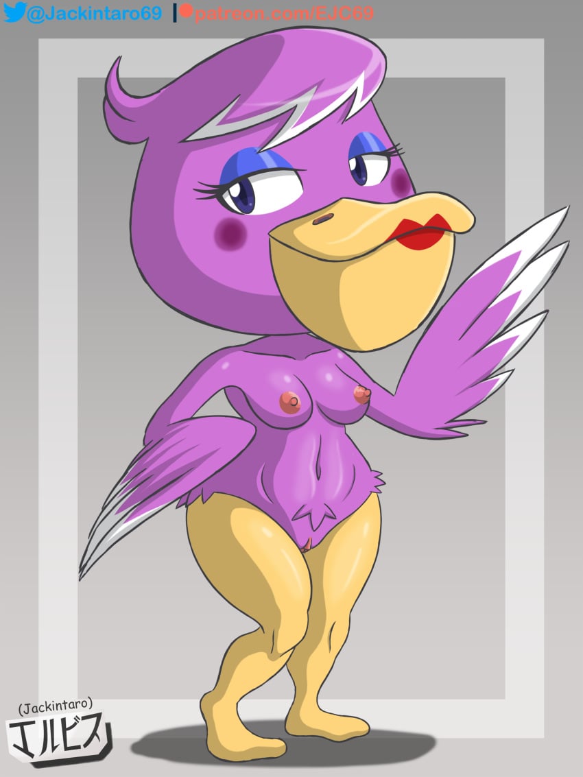 2021 animal_crossing anthro breasts digital_media_(artwork) fanart furry jackintaro lipstick makeup nintendo nipples nude pelican phyllis_(animal_crossing) purple_body pussy straight_hair