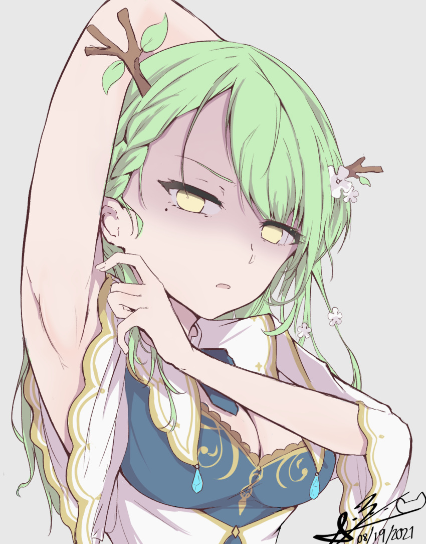 1girls armpits beauty_mark big_breasts breasts ceres_fauna dress female green_hair hololive hololive_english hololive_english_-council- hololive_english_-promise- horns mida_sensei mole mole_under_eye revealing_clothes solo tight_clothing twig twig_in_hair virtual_youtuber yellow_eyes