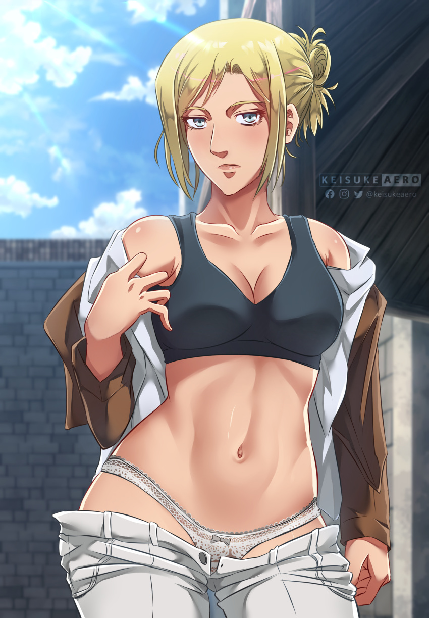 1girls annie_leonhardt attack_on_titan background belly belly_button black_bra blue blue_eyes bra breasts clothes clothes_lift cloud clouds day daylight emotionless empty_eyes expressionless female female_focus female_only hair keisuke_aero looking_at_viewer panties panties_peek pants_down pants_open shingeki_no_kyojin sky solo solo_female solo_focus standing tummy white_panties white_pants yellow_hair