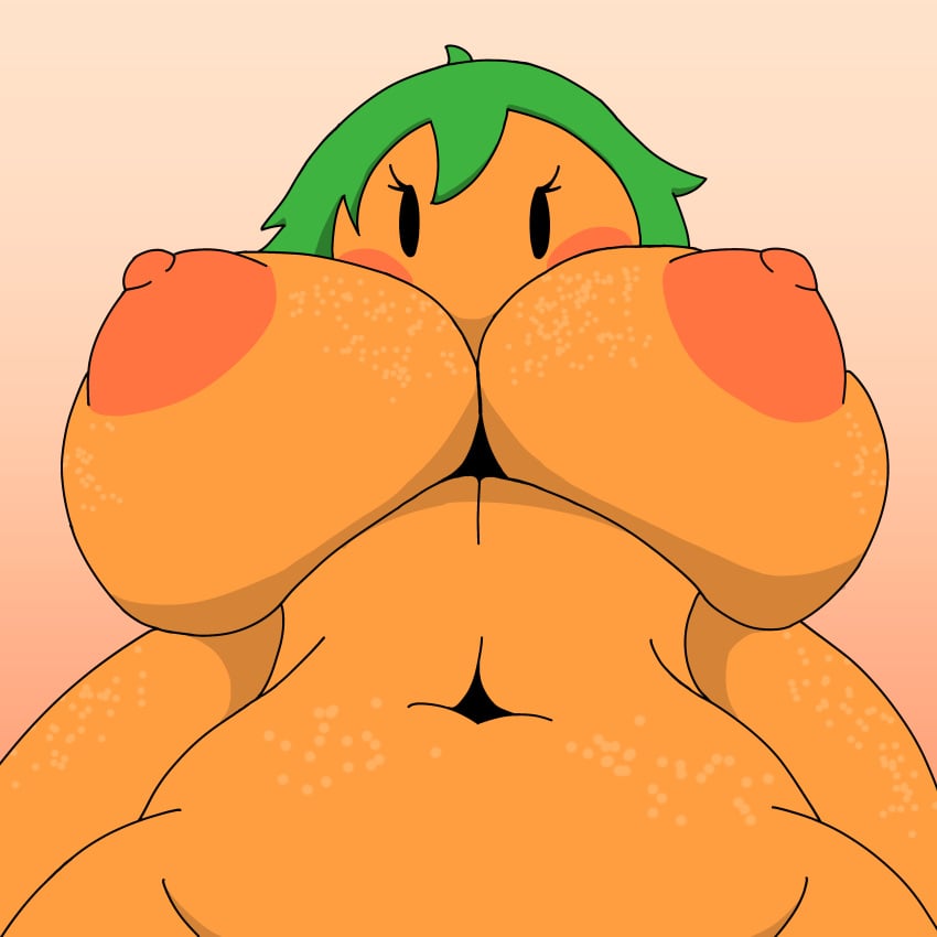 anthro areolae black_eyes blush breasts dominant eyelashes food_creature fruit_humanoid green_hair large_breasts looking_at_viewer low-angle_view nipples orange_body orange_skin orangejuicemann poppy_(orangejuicemann) pov shaded simple_background submissive_pov taker_pov