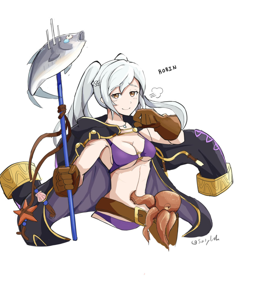 1girls alternate_costume bikini breasts cleavage coat fire_emblem fire_emblem_awakening fire_emblem_heroes gloves looking_at_viewer nintendo o-ring_bikini octopus offscreen_character purple_bikini purple_swimsuit robin_(female)_(summer)_(fire_emblem) robin_(fire_emblem) robin_(fire_emblem)_(female) saiykik solo swimsuit trident twintails