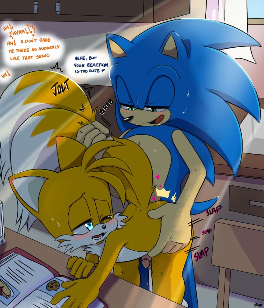 anal anal_sex blue_fur blushing dialogue doggy_style furry_only gay hand_on_hip male male/male male_only male_penetrated one_eye_closed pepamintop pepamintopatty sonic_(series) sonic_the_hedgehog sonic_the_hedgehog_(series) surprise_buttsex tail_grab tails yaoi yellow_fur