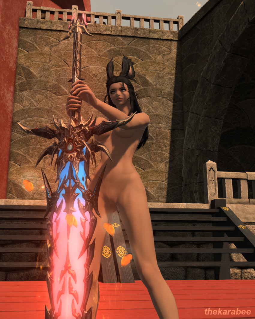 belly big_breasts black_hair brown_skin bunny_ears bunny_girl dark_knight final_fantasy final_fantasy_xiv gpose(ffxiv) legs long_hair pussy shaved_pussy sword thekarabee thighs underboob viera