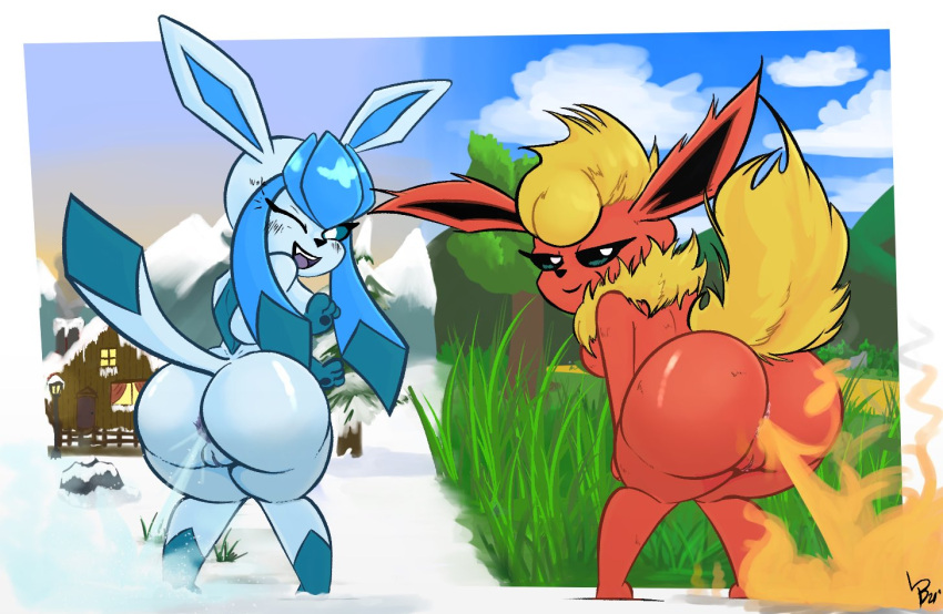 2021 anthro anus ass brap duo eeveelution fart fart_fetish female fire fire_fart flareon genitals glaceon grass ice ice_fart lewdpunch nintendo nude one_eye_closed outside plant pokémon_(species) pokemon pussy rear_view snow video_games