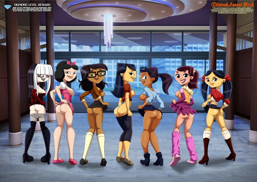 6+girls areolae asian_female ass bbmbbf black_hair boots bottomless breasts cartoon_network crimson_(tdi) dark-skinned_female diamond_level dyed_hair earrings ella_(tdi) ellody_(tdi) emma_(tdi) female female_only glasses goth_girl jen_(tdi) josee_(tdi) kitty_(tdi) looking_at_viewer multiple_girls nipples palcomix pale-skinned_female pants_down pietros_secret_club presenting presenting_breasts presenting_hindquarters presenting_pussy skirt_lift smile smiling_at_viewer take_your_pick the_ridonculous_race total_drama:_pahkitew_island total_drama_island