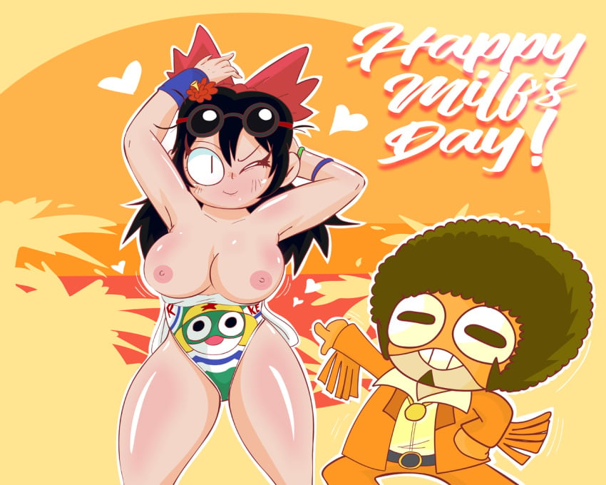 1boy afro anthro azumaya_koyuki breasts breasts_out female frog humanoid keroro keroro_gunsou koyuki_azumaya kururu light-skinned_female mattyburrito nipples pale-skinned_female pony_tail ponytail red_bow shiny_skin swimsuit thick_thighs thighs yellow_skin