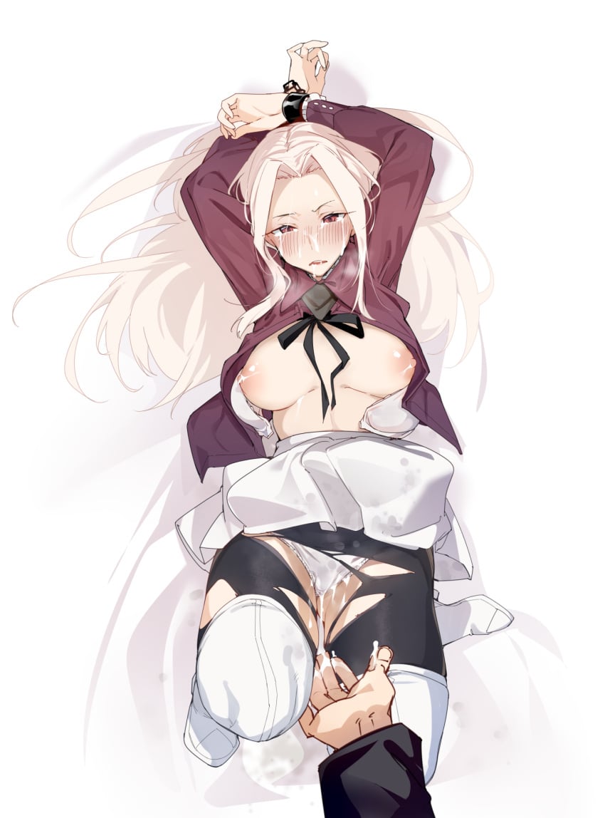 1boy black_legwear boots bound bound_wrists breasts cuffs cum cum_on_clothes cum_on_thighs emiya_kiritsugu fate/zero fate_(series) female handcuffs highres irisviel_von_einzbern long_hair lying medium_breasts nipples on_back open_clothes open_shirt panties pantyhose red_eyes red_shirt shirt solo_focus straight thigh_boots thighhighs torn_clothes torn_legwear underwear uno_ryoku white_footwear white_hair white_panties