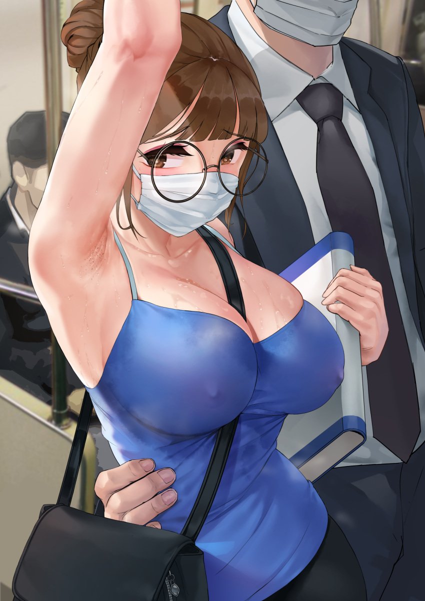 2021 alternate_version_available armpit armpit_focus armpit_stubble bag belt_between_breasts big_breasts blue_shirt blue_top blue_topwear brown_hair covered_mouth erect_nipples eyebrows eyelashes glasses hair_bun hand_on_another's_waist hand_on_waist holding holding_book holding_object huge_breasts looking_away mouth_mask mute_(mute89539160) nipple_bulge nipples nipples_visible_through_clothing round_glasses see-through see-through_clothing see-through_shirt shaved_armpit shirt sleeveless sleeveless_shirt sling_between_breasts sweat sweat_stain sweatdrop sweaty top topwear train train_interior