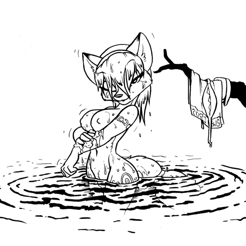 anthro bathing bedroom_eyes bottomwear canid canine clothing eric_schwartz female fox fur gesture hair hi_res krystal lake line_art loincloth mammal markings markings_(fur) monochrome narrowed_eyes nintendo nude seductive skinny_dipping solo star_fox topwear underwear video_games wave waving wet wet_body wet_clothing wet_fur wet_hair wet_tail wet_topwear wet_underwear