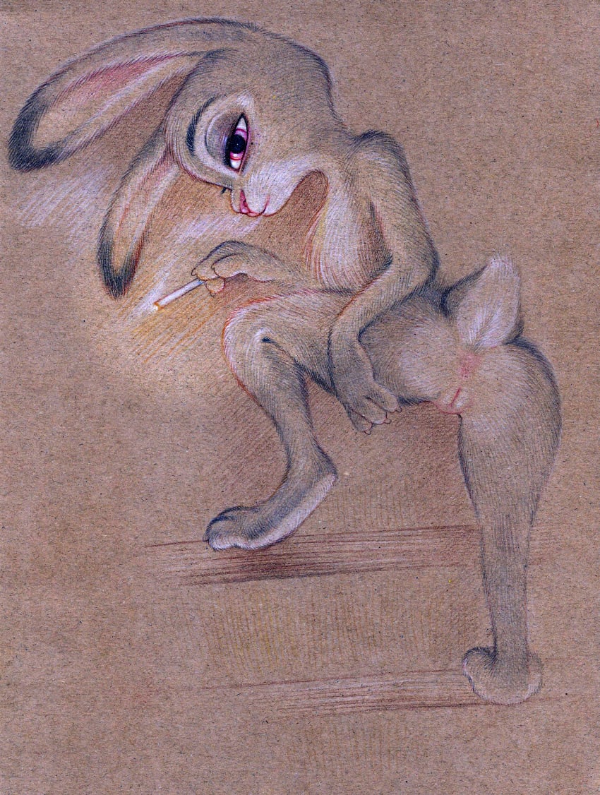 absurd_res anthro anus ass cigarette claws dipstick_ears disney female flat_chest fuchs fur genitals grey_body grey_fur half-closed_eyes hi_res holding_cigarette judy_hopps lagomorph leporid looking_back mammal multicolored_ears narrowed_eyes one_leg_up presenting presenting_hindquarters purple_eyes pussy rabbit raised_leg scut_tail simple_background smoking solo traditional_media_(artwork) zootopia