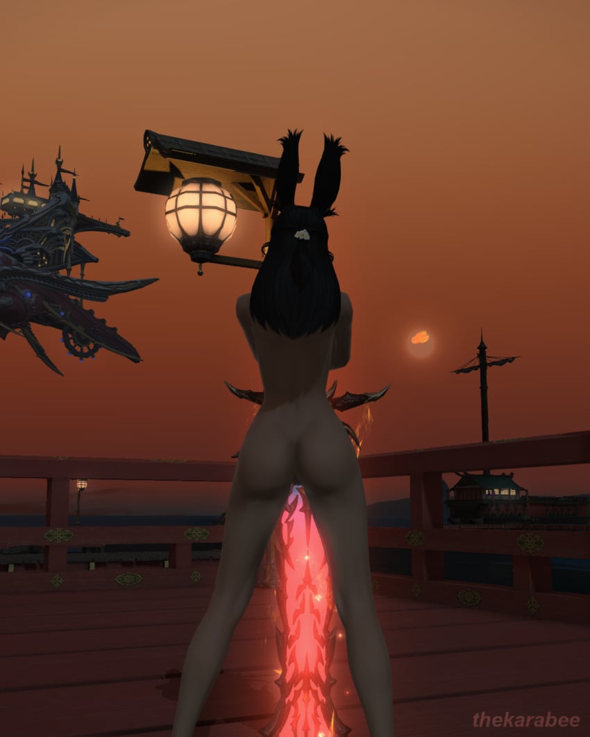 ass back_view black_hair brown_skin bunny_ears bunny_girl dark_knight final_fantasy final_fantasy_xiv gpose(ffxiv) legs long_hair sword thekarabee thighs viera