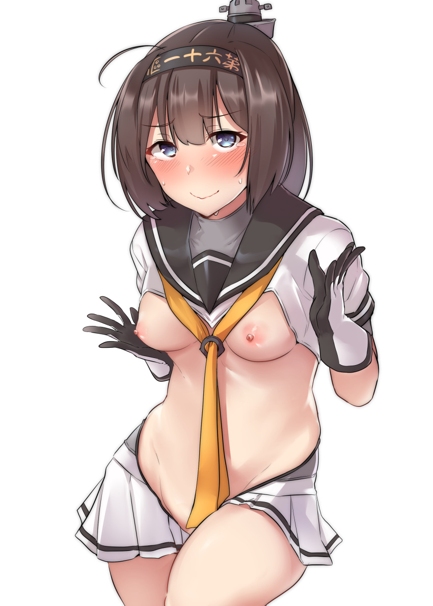 absurdres ahoge akizuki_(kantai_collection) bangs blue_eyes blush breasts brown_hair clothes_writing commentary_request embarrassed eyebrows_visible_through_hair female gloves groin hachimaki hair_ornament headband highres kantai_collection kiritto looking_at_viewer medium_breasts meme_attire navel neckerchief nipples pleated_skirt ponytail revealing_clothes reverse_bunnysuit reverse_outfit sailor_collar school_uniform serafuku short_hair short_sleeves simple_background skirt smile solo sweatdrop tearing_up tears wavy_mouth white_background white_skirt yellow_neckwear