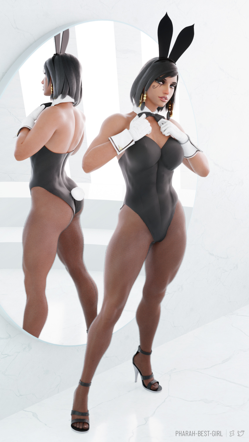 3d abs animal_ears black_eyes black_hair blender bunny_ears bunnysuit clothing dark-skinned_female dark_skin egyptian female female_pubic_hair footwear gloves high_heels high_resolution looking_away muscle muscular_female overwatch pantyhose pharah pharah-best-girl pubic_hair self_upload shoes white_gloves