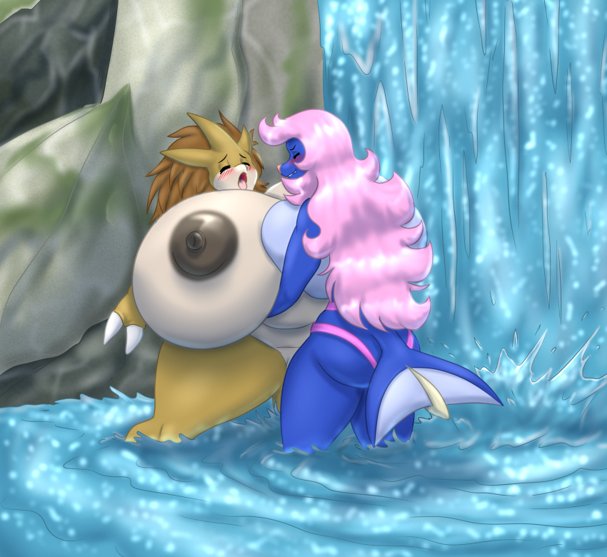 anthro big_breasts blue_body blues64 blush breast_squish breasts breasts_frottage duo female female/female gigantic_breasts hair hi_res huge_breasts hyper hyper_breasts marauder6272 nintendo nipples nude pink_hair pokémon_(species) pokemon pokemon_(species) samurott sandpancake sandslash squish video_games waterfall yuri