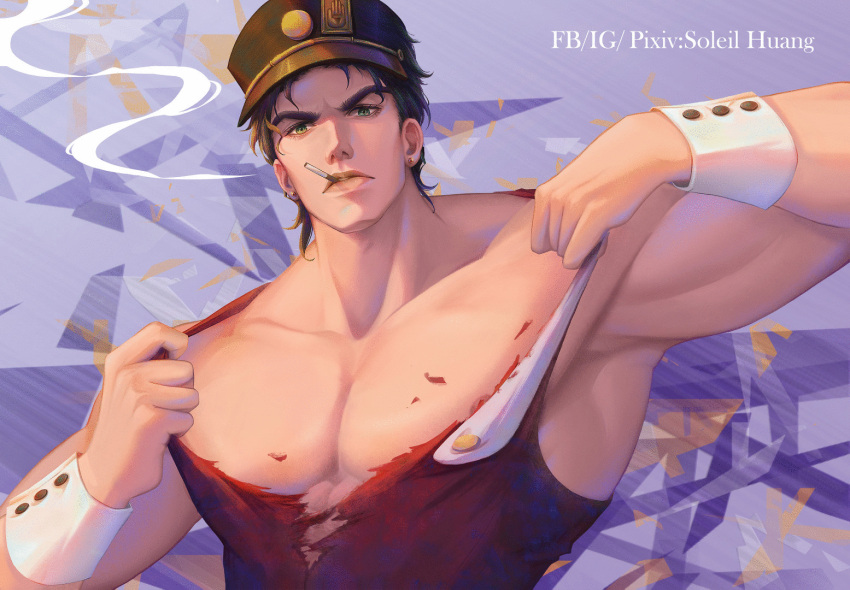 1boy abs animated black_hair cigarette hat jojo's_bizarre_adventure jotaro_kujo male male_nipples male_only muscle muscles muscular muscular_male posing ripped_clothing ripped_shirt safe smoking solo solo_male stardust_crusaders tagme torn_clothes ugoira